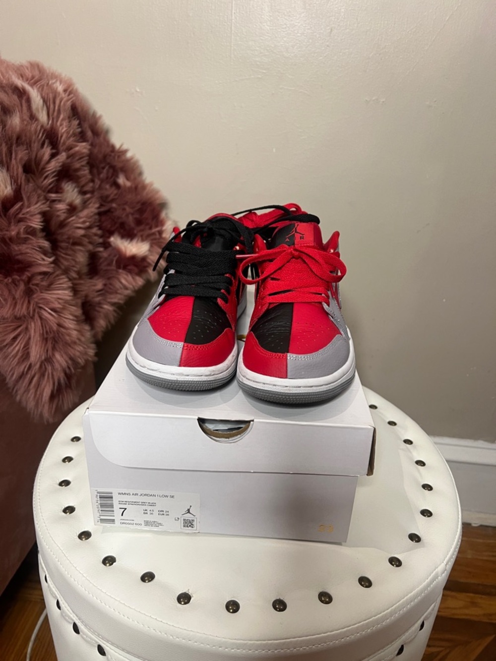 Women’s Red, Black & Gray Low-Top Jordan 1 Sneakers